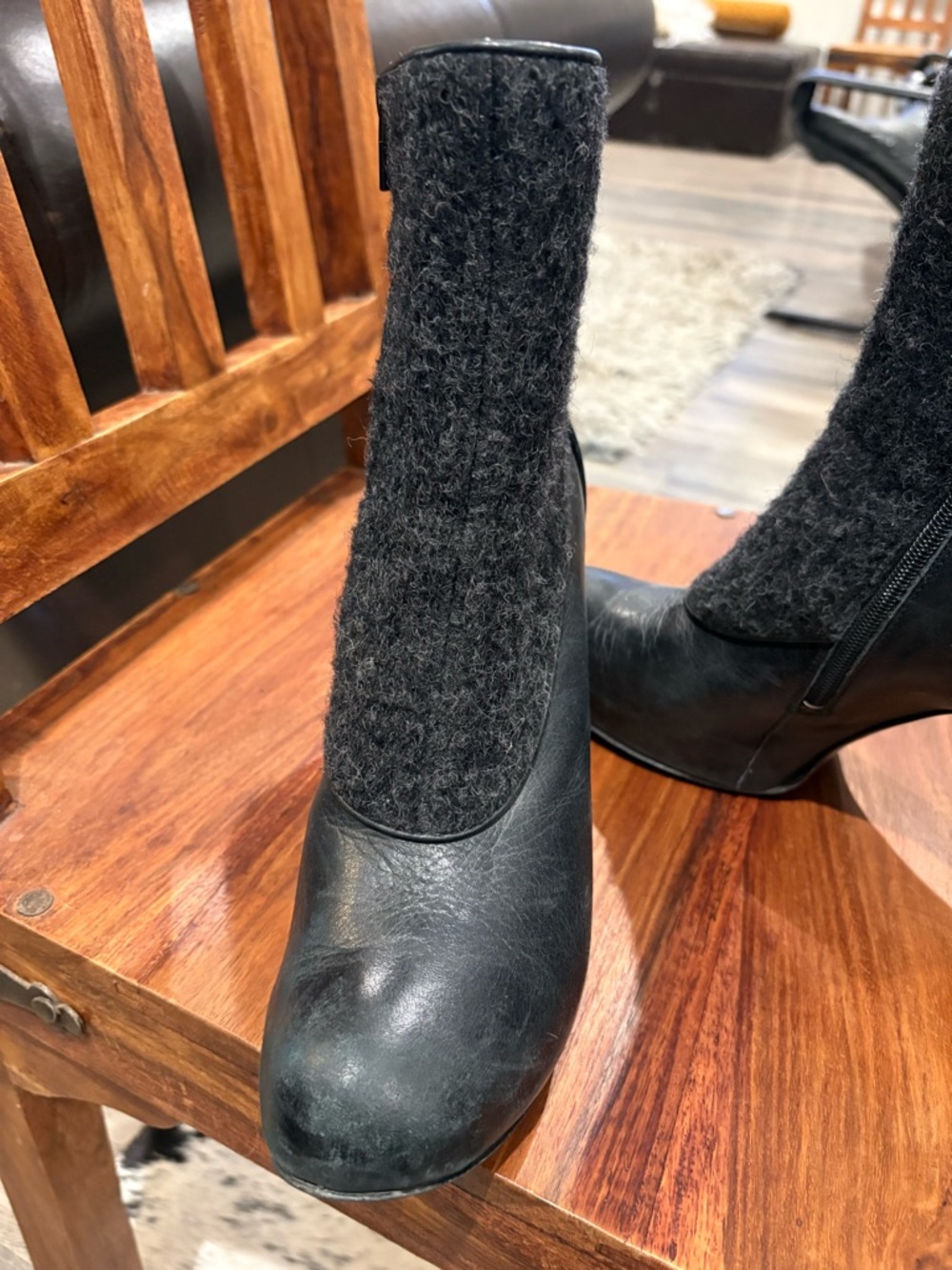 John Fluevog Black Leather & Wool Ankle Heeled Boots